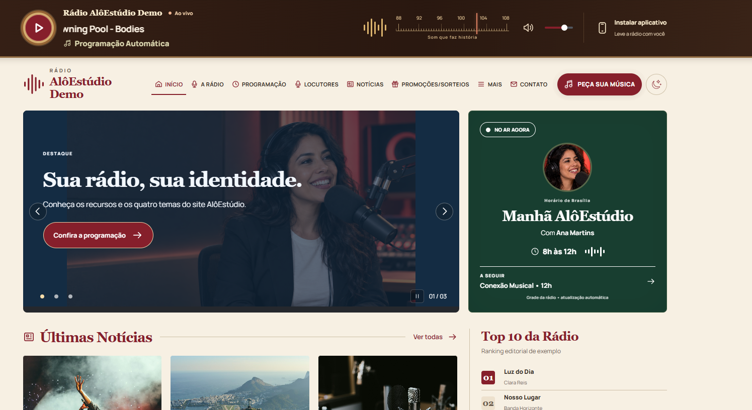Página do Site Gerenciável AlôEstúdio, com player, programação, notícias e interação com ouvintes