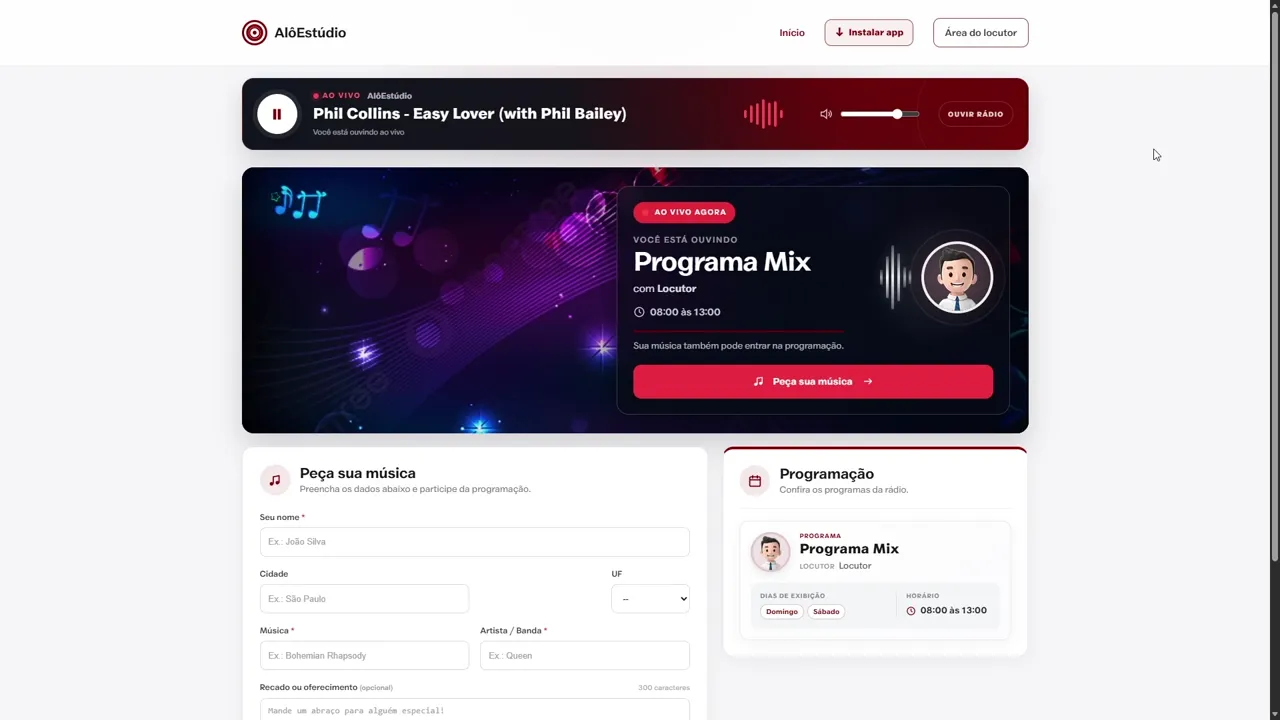 Página pública do Sistema de Pedidos Musicais AlôEstúdio
